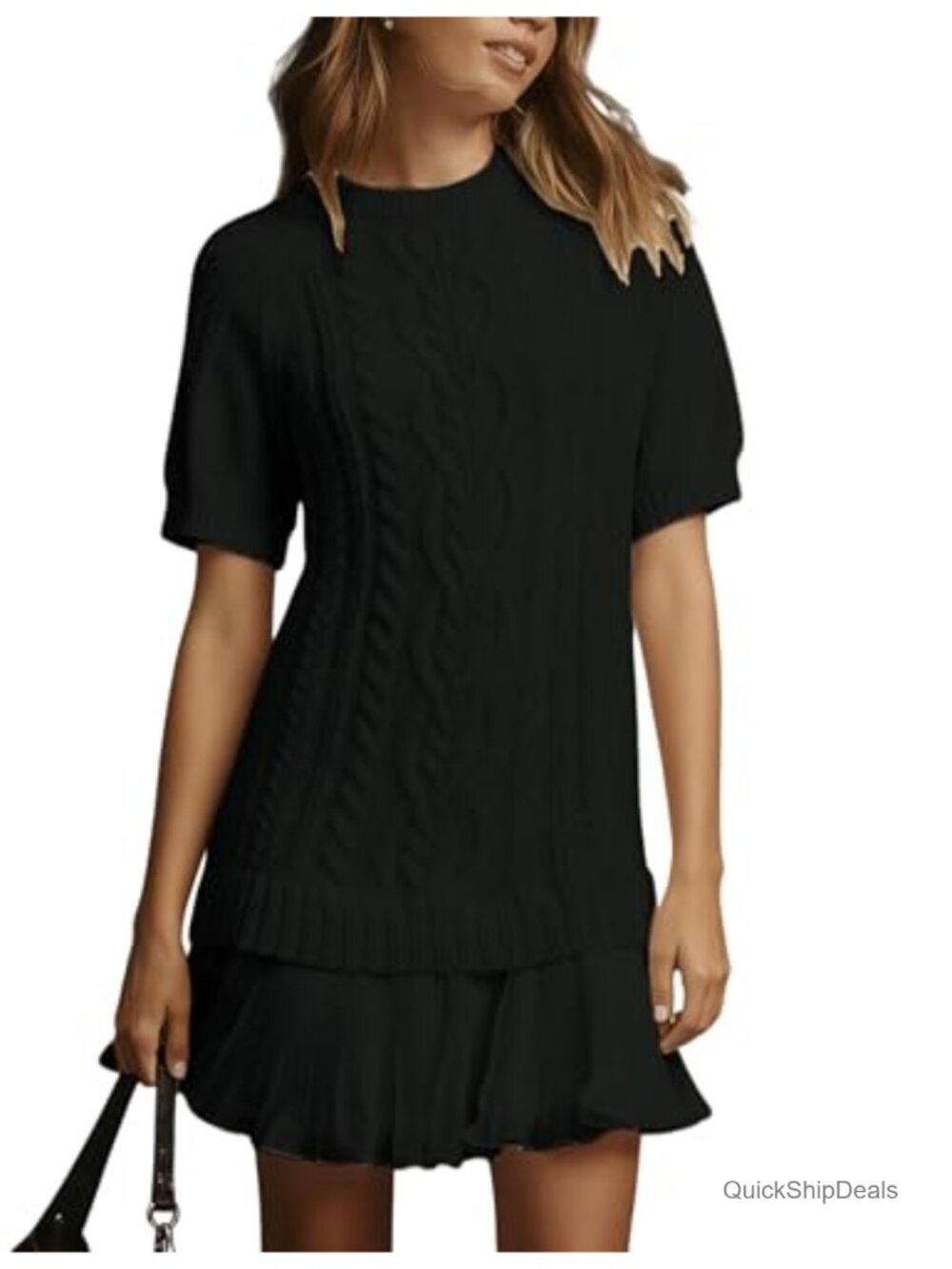 Cable Knit Twofer Mini Sweater Dress Short Sleeve Pleated Chiffon Hem Casual